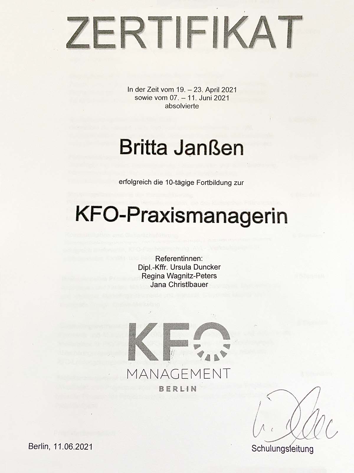 zertifikat kfo praxismanagerin